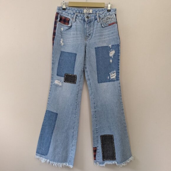 Free People Patchwork Flare Light Wash Jeans Flannel Studded Size 29 - Picture 1 of 16